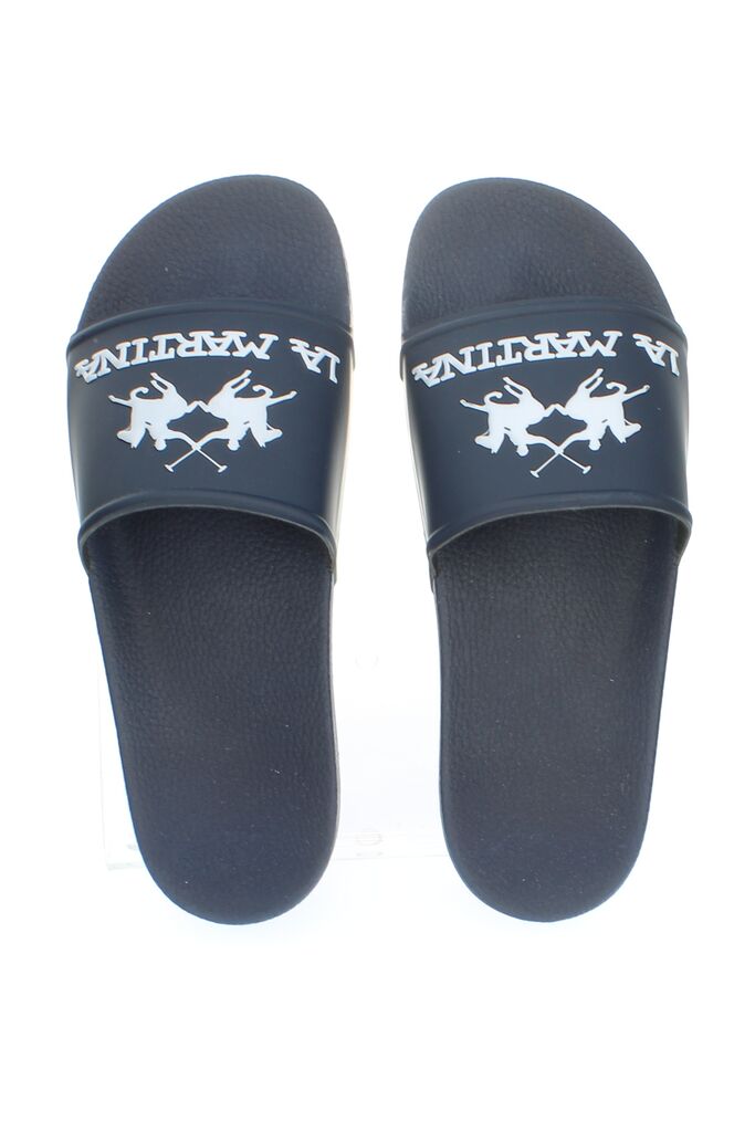 Navy Slide Sandals with Logo Accent