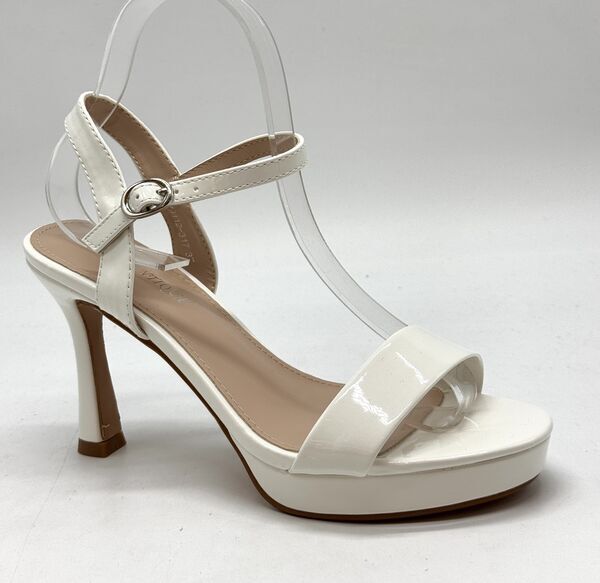 White Patent Ankle Strap Heeled Sandal
