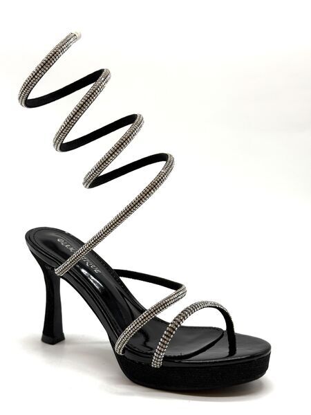 Black Spiral Strappy Heel with Rhinestone Detailing