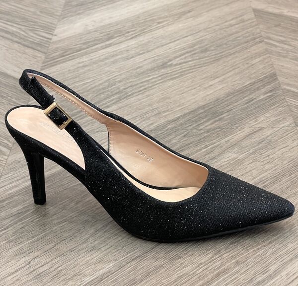 Black Textured Slingback Heels with Pointed Toe