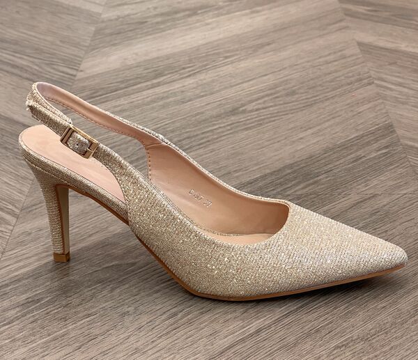 Gold Textured Slingback Pumps with Pointed Toe