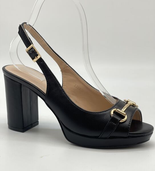 Black Slingback Peep-Toe Heels with Gold Buckle Detail
