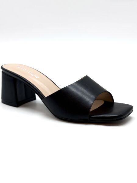 Black Leather Block Heel Mule