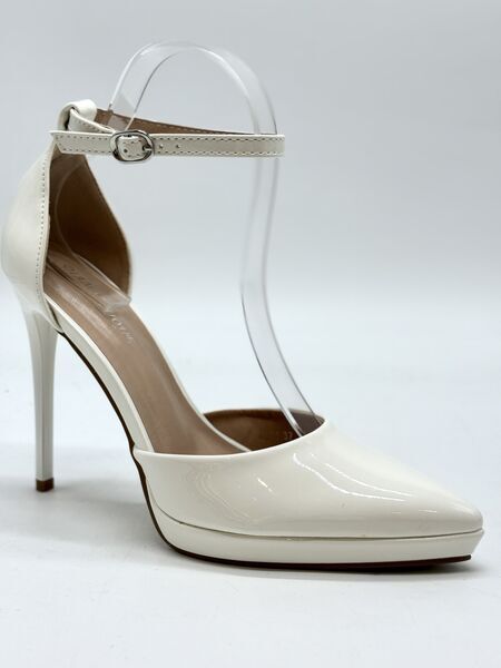 Ivory Gloss Ankle Strap Stiletto with Pointed Toe