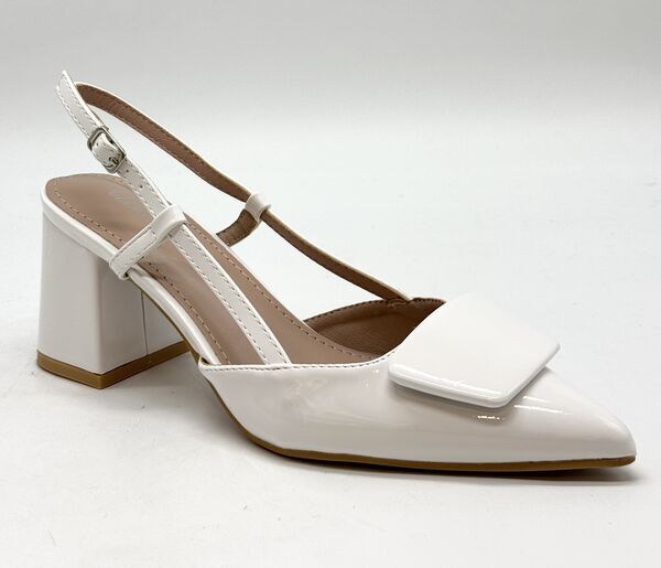 White Glossy Slingback Block Heels with Buckle