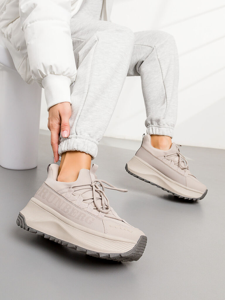 Beige Platform Sneakers with Unique Lacing