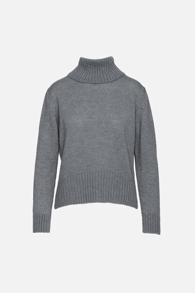 Gray Knit Turtleneck Sweater with Ribbed Detailing