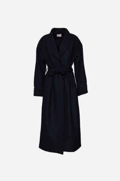 Black Long Wrap Coat with Belted Waist