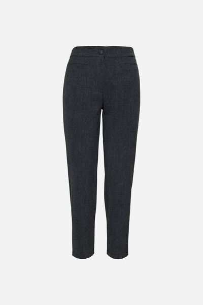 Charcoal Textured Slim-Fit Trousers with Tapered Leg