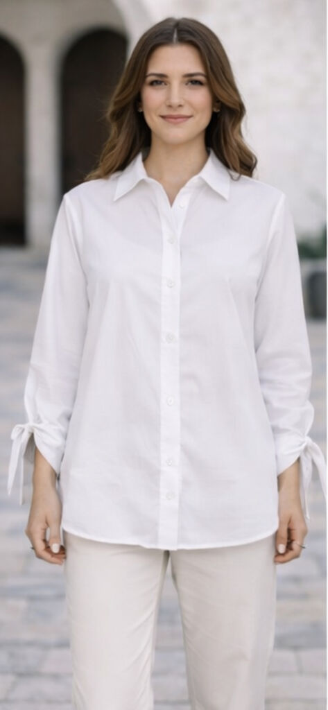 White Cotton Button-Up Shirt with Tied Cuffs