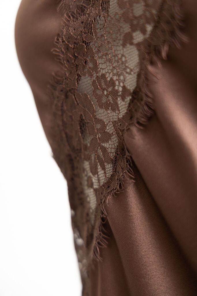 Brown Lace Satin Camisole with Asymmetric Hem