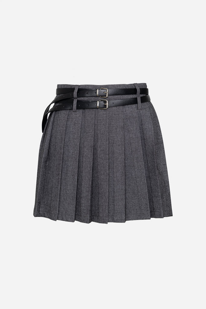Gray Pleated Skirt with Double Belt Detail