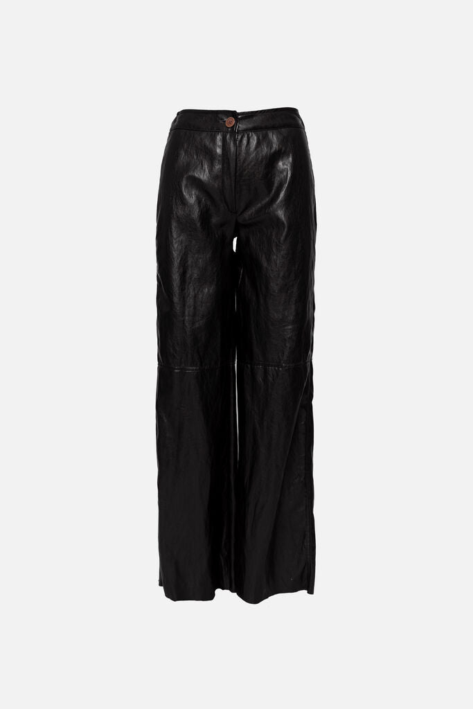 Black Glossy Wide-Leg Pants with Button Closure