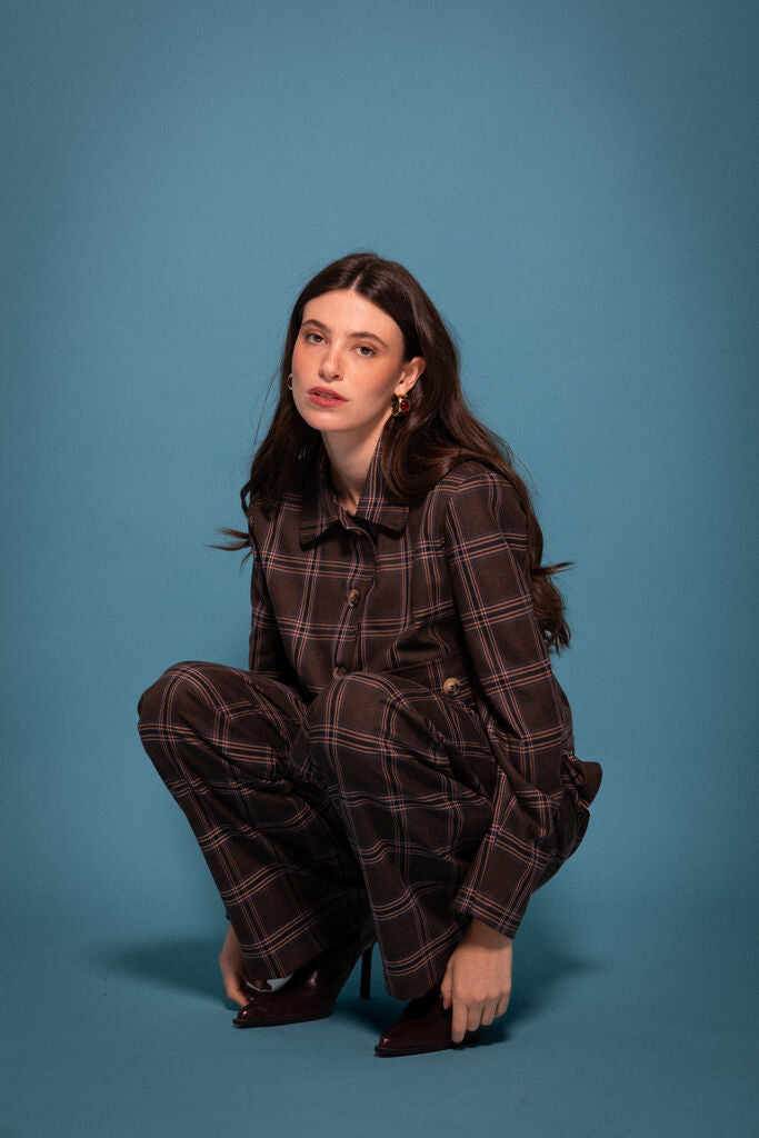 Classic Plaid Wide-Leg Trousers with Button Closure