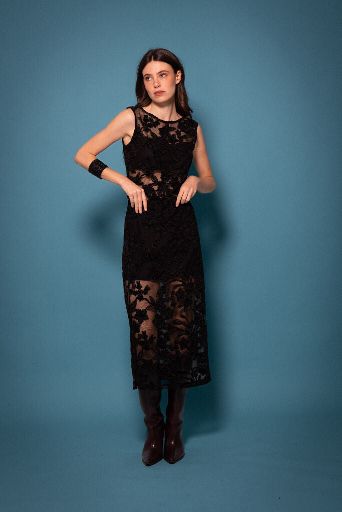 Black Lace Embroidered Skirt with Sheer Hem