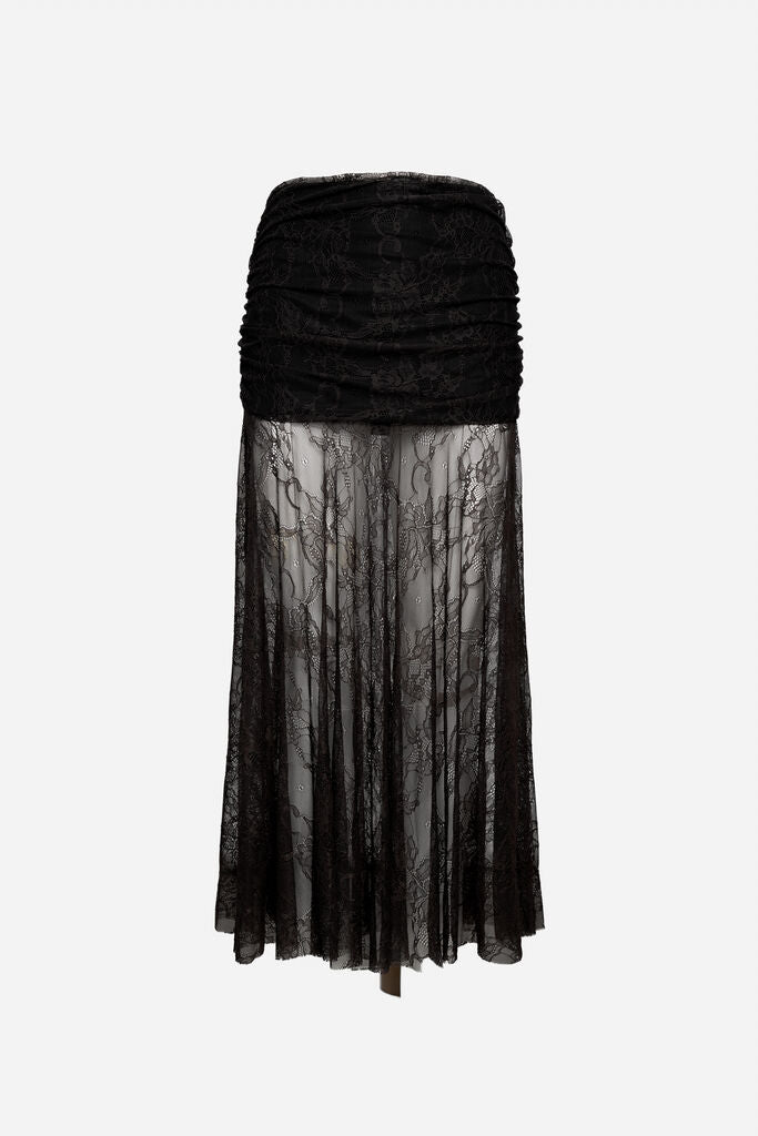 Black Lace Overlay Midi Skirt with Ruched Waist