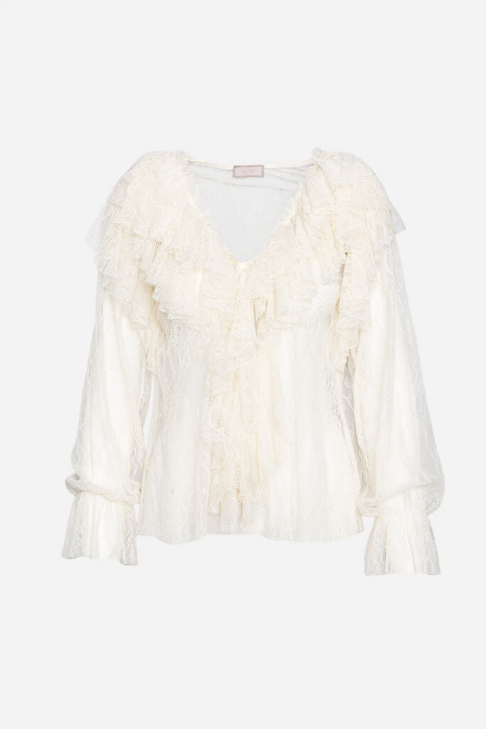 White Lace Blouse with Ruffled Detailing