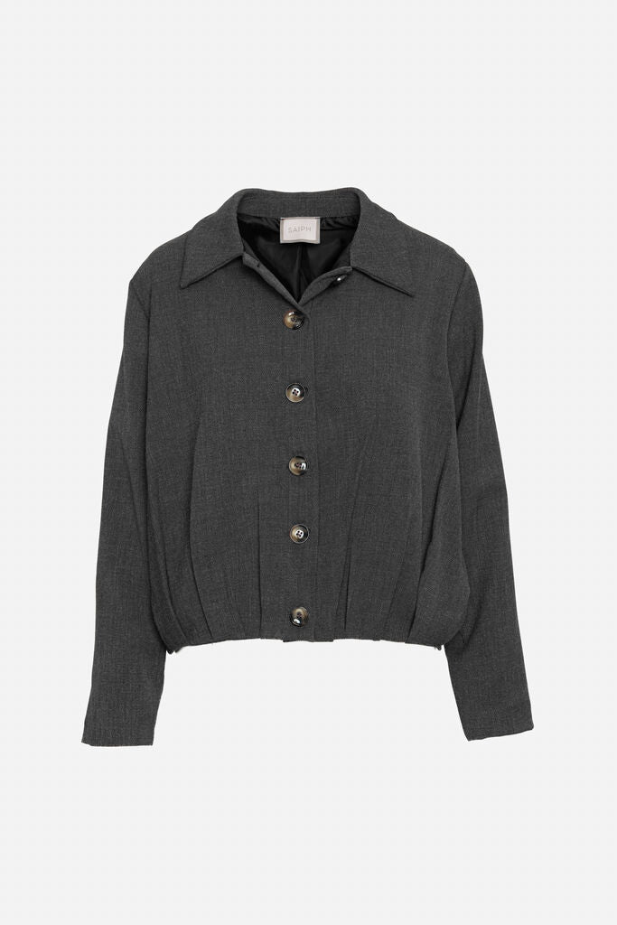 Charcoal Button-Up Cropped Jacket with Classic Collar