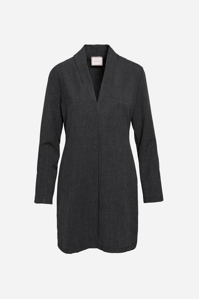 Black Textured Long Jacket with V-Neck