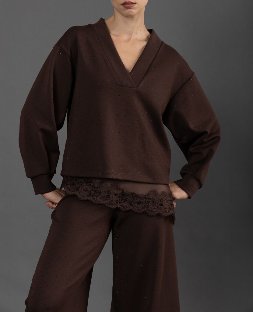 Dark Brown Textured Knit V-Neck Relaxed Pullover