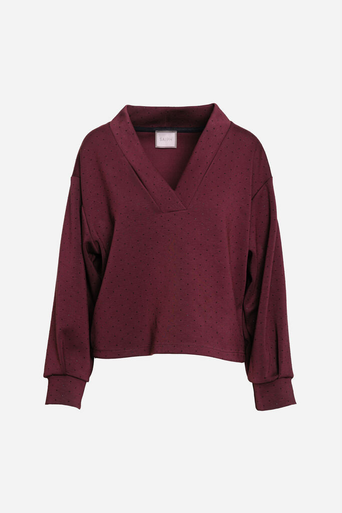 Burgundy Textured V-Neck Sweater with Dropped Shoulders