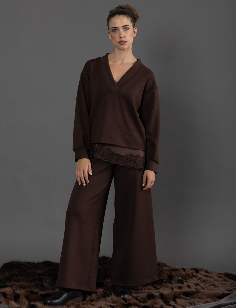 Chocolate Brown Wide-Leg Pants with Subtle Texture