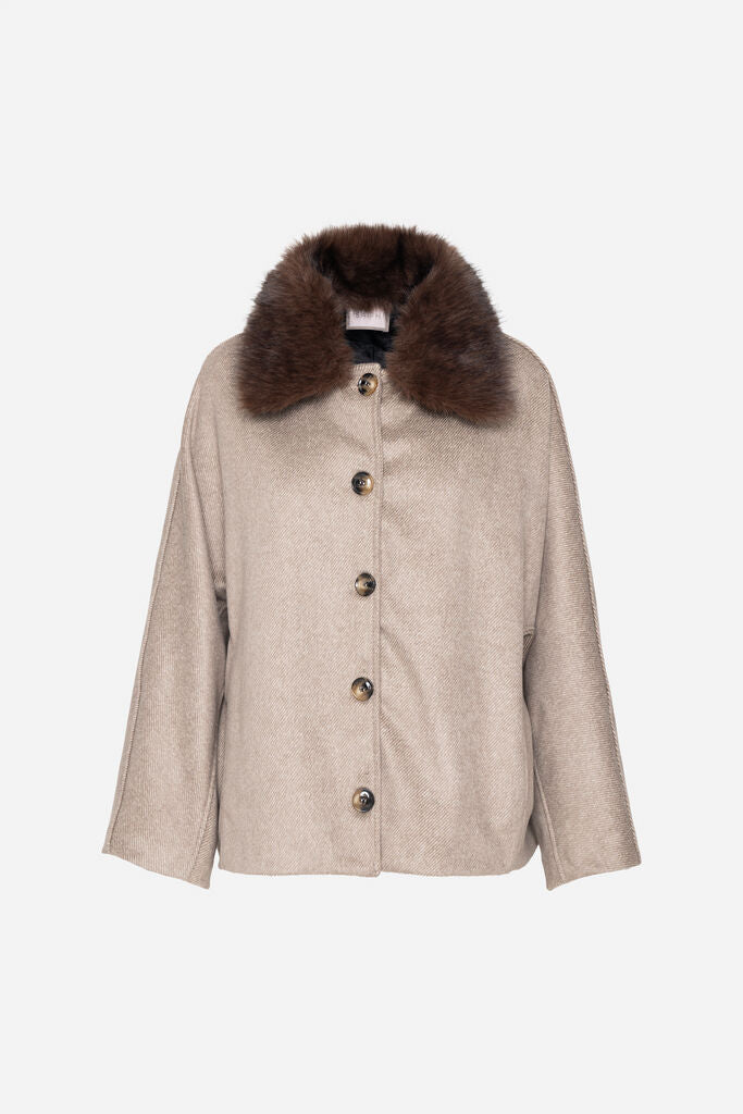 Beige Wool Blend Coat with Faux Fur Collar