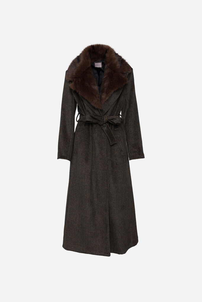 Dark Wool Blend Coat with Luxe Fur Collar