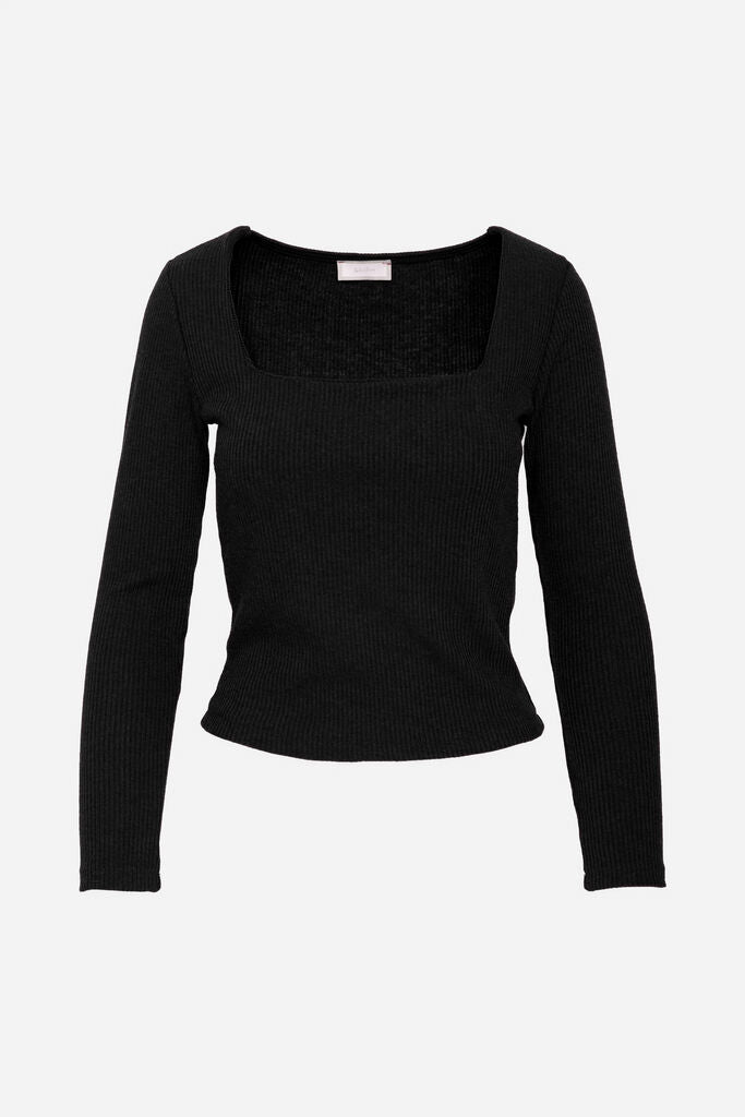 Black Ribbed Long Sleeve Top with Square Neckline
