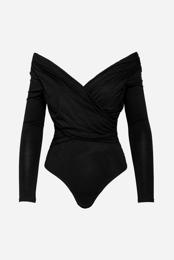 Black Jersey Long Sleeve Bodysuit with Off-Shoulder Design