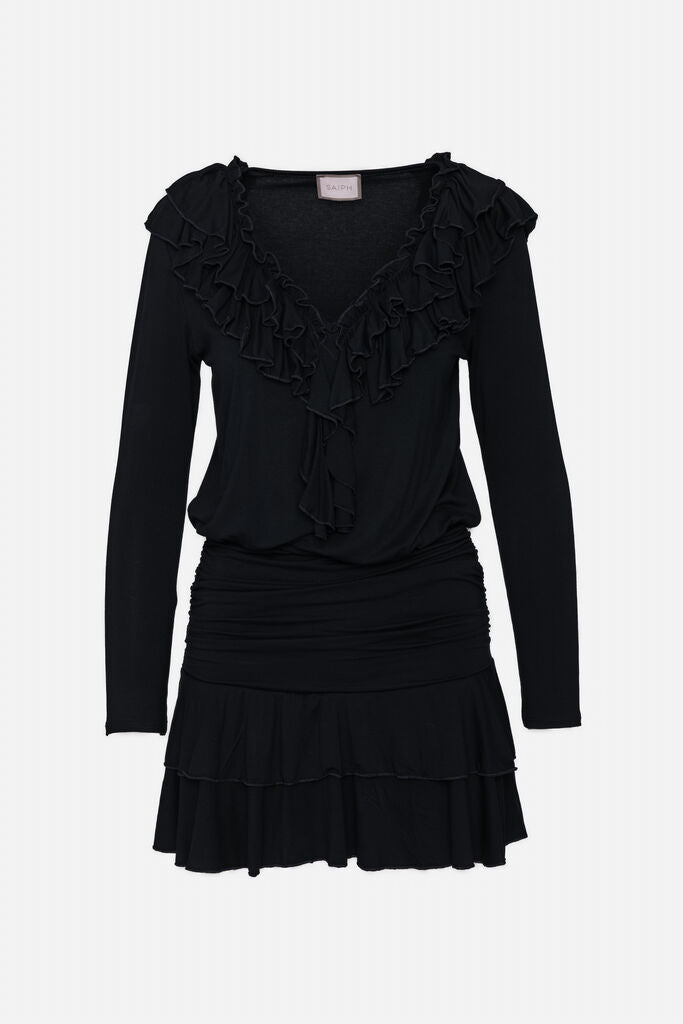 Black Ruffled V-Neck Long Sleeve Dress