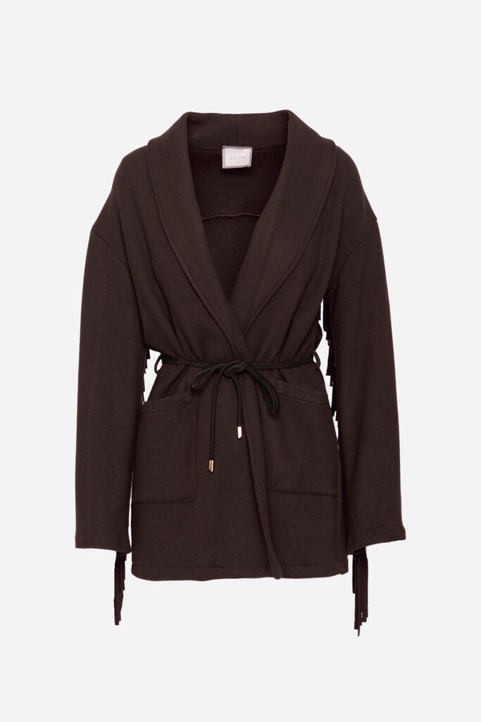 Black Wrap Cardigan with Tie Belt and Front Pockets