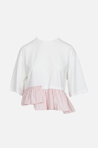 White Cotton Top with Stripe Ruffle Detail