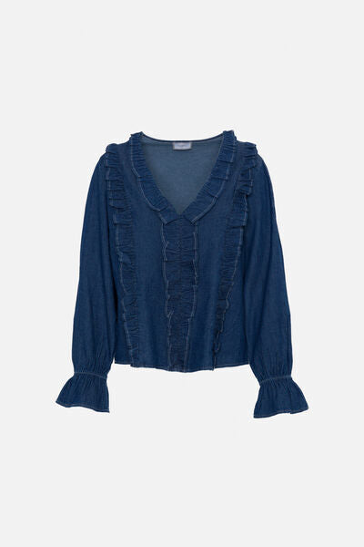 Blue Denim Blouse with Ruffled Trim