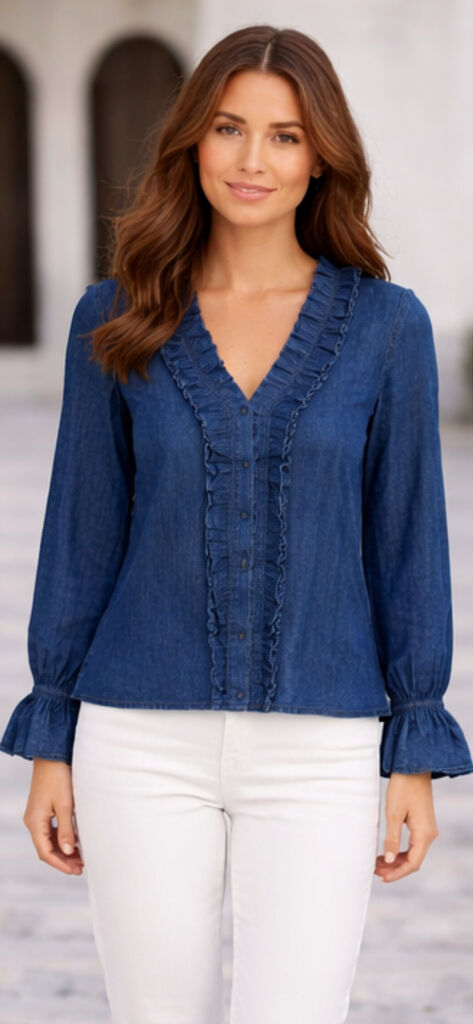 Blue Denim Blouse with Ruffled Trim