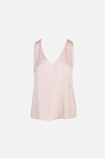 Blush Satin Sleeveless Top with V-Neck