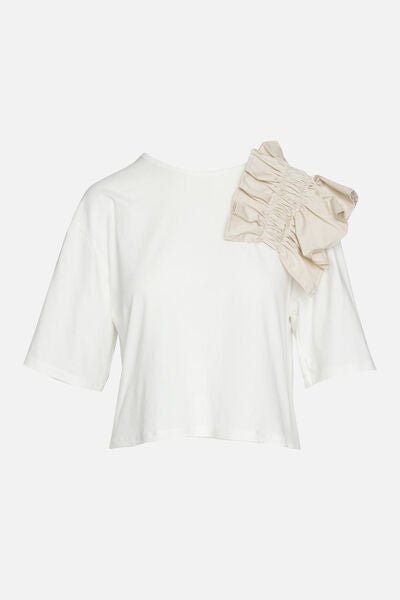 White Cotton Tee with Ruched Shoulder Accent