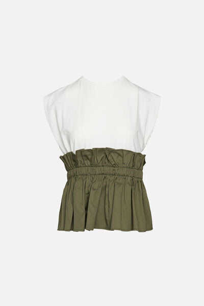 White Cotton Top with Olive Ruffled Waist