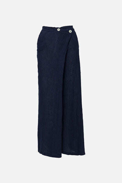 Navy Wide-Leg Pants with Wrap Detail