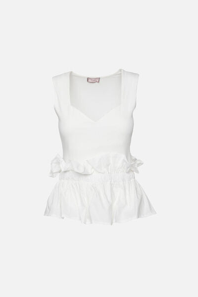 White Peplum Top with Ruffled Waist Detail