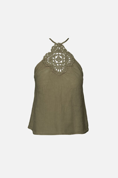 Olive Linen Halter Top with Crochet Detail
