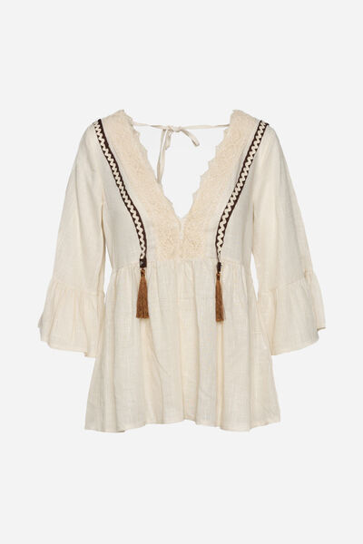 Cream Textured Blouse with Tassel Accents