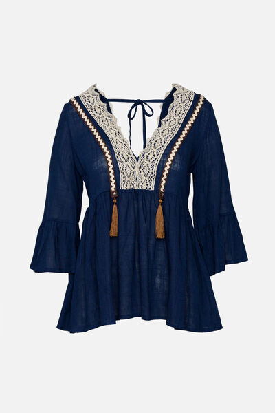 Navy Lace-Trimmed Blouse with Tassels