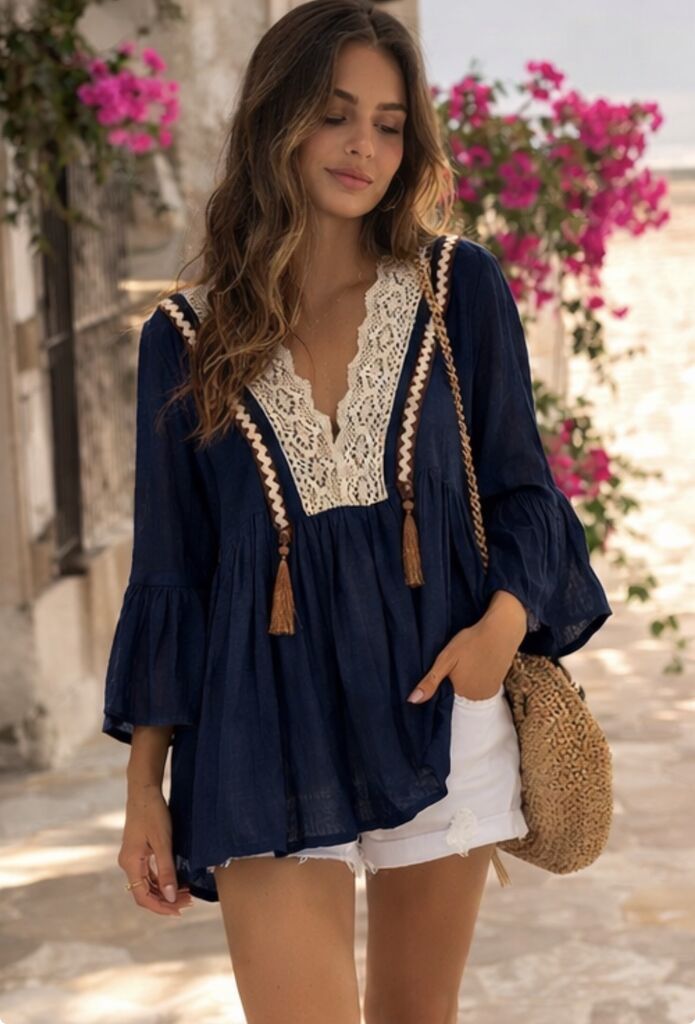 Navy Lace-Trimmed Blouse with Tassels