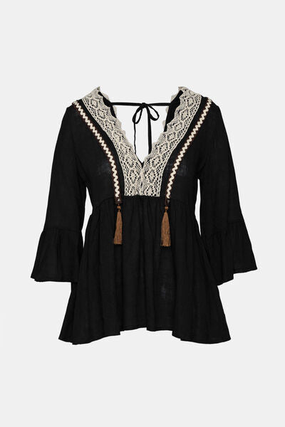 Black Lace V-Neck Bohemian Top with Tassel Detail