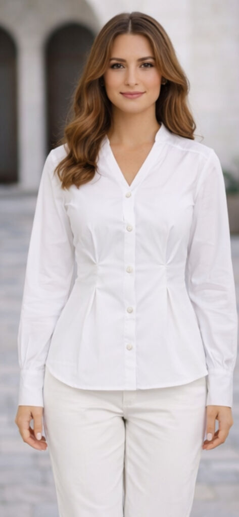 White Fitted Button-Up Blouse with Long Sleeves