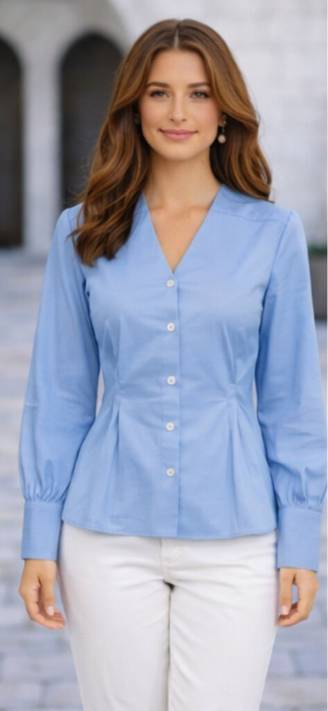 Blue Button-Down Blouse with Gathered Waist
