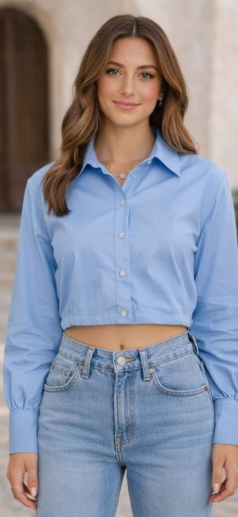 Light Blue Cropped Shirt with Long Sleeves