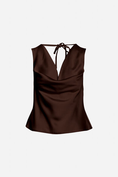 Chocolate Satin Halter Top with Draped Neckline