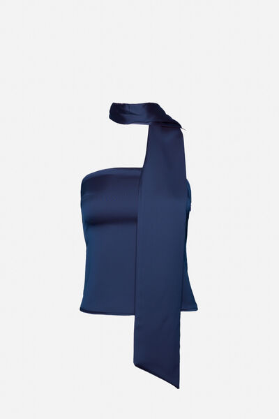 Navy Satin Asymmetric Top with Scarf Detail